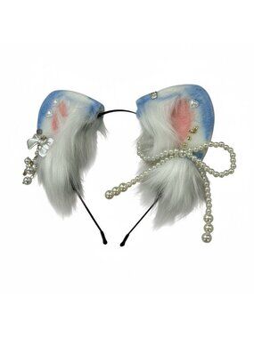 Faux Fur Cat Ear Headband With Pearls & Bow Embellishments For Cosplay Or Costum